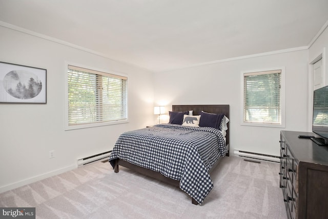 carpeted bedroom featuring multiple windows, ornamental molding, and a baseboard heating unit