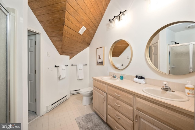 bathroom with vaulted ceiling, baseboard heating, a shower with shower door, wooden ceiling, and toilet