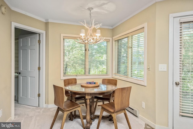 dining area with an inviting chandelier, light colored carpet, and a healthy amount of sunlight