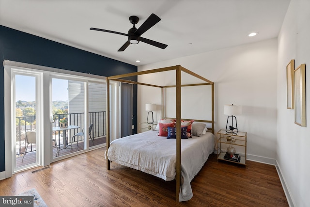 bedroom with ceiling fan, access to outside, and dark hardwood / wood-style flooring