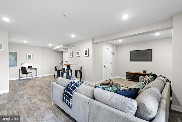 living room featuring hardwood / wood-style floors and electric panel