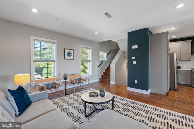 living room featuring dark wood-type flooring