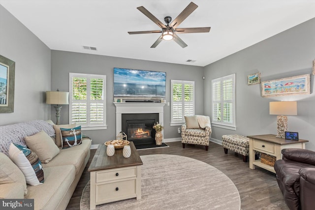 living room featuring ceiling fan and dark wood-type flooring