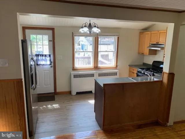 kitchen with pendant lighting, radiator, a healthy amount of sunlight, and black gas range