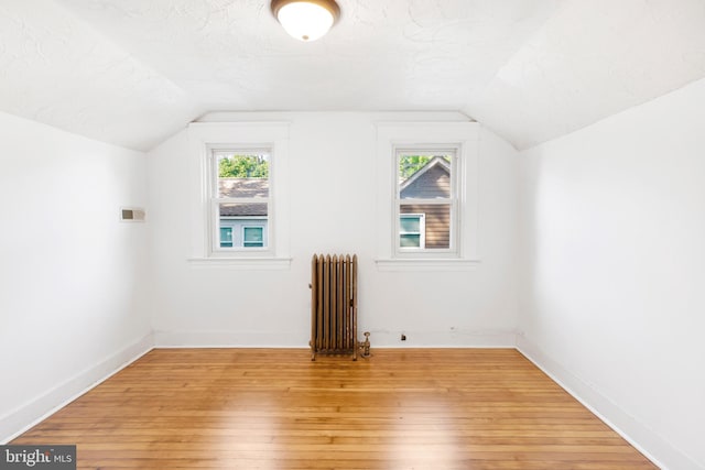 additional living space featuring radiator, light wood-type flooring, lofted ceiling, and a wealth of natural light