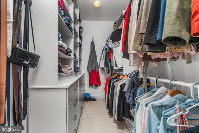 walk in closet with light carpet