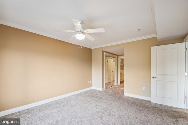 unfurnished bedroom featuring crown molding, light carpet, and ceiling fan