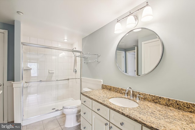 bathroom with vanity, tile patterned flooring, an enclosed shower, and toilet