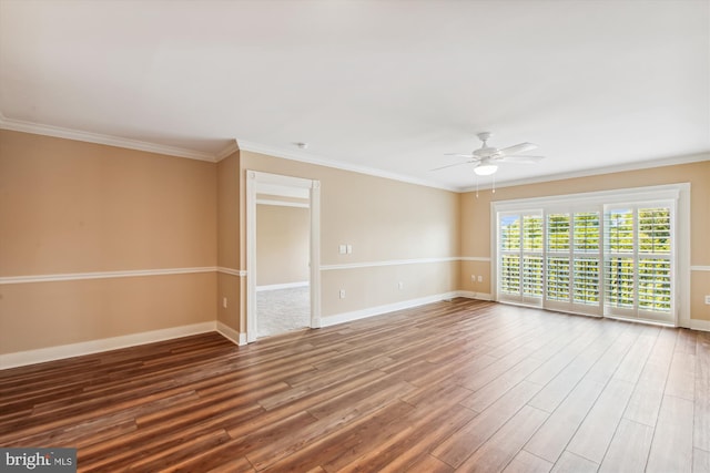 unfurnished room with ceiling fan, hardwood / wood-style flooring, and crown molding