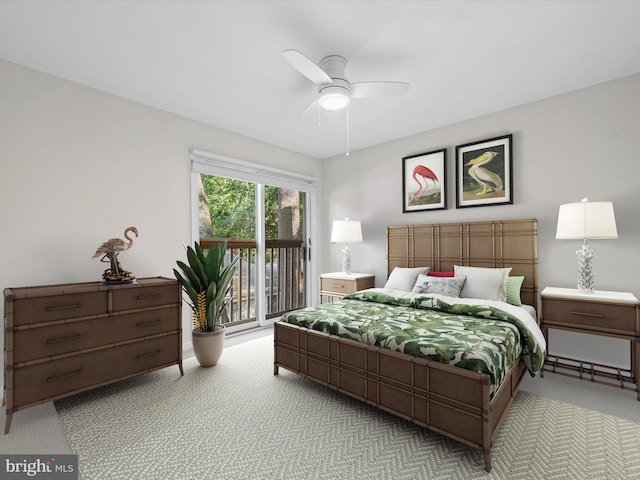 bedroom featuring ceiling fan, light carpet, and access to exterior