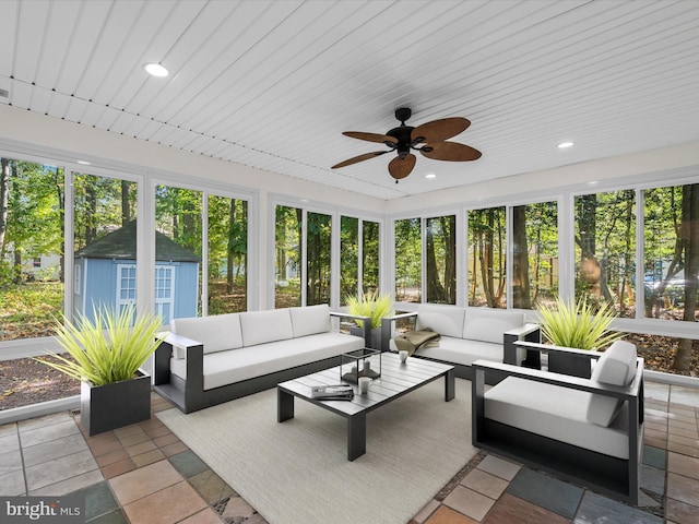 sunroom featuring ceiling fan, wooden ceiling, and plenty of natural light