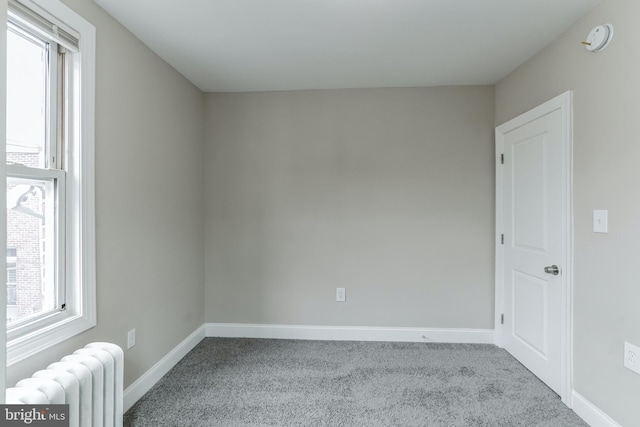 spare room featuring light carpet and radiator