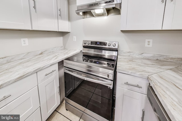 kitchen with extractor fan, white cabinets, electric range, and light tile patterned floors