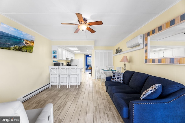 living room with ceiling fan, baseboard heating, light wood-type flooring, crown molding, and an AC wall unit