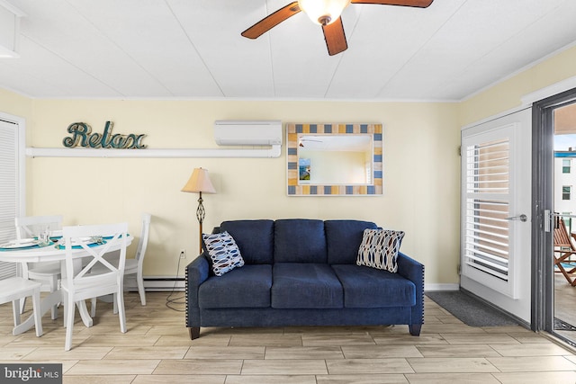 living room with ceiling fan, light hardwood / wood-style flooring, ornamental molding, a baseboard heating unit, and a wall mounted air conditioner