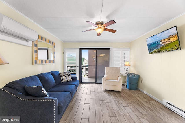 living room with baseboard heating, wood-type flooring, crown molding, ceiling fan, and a wall mounted AC