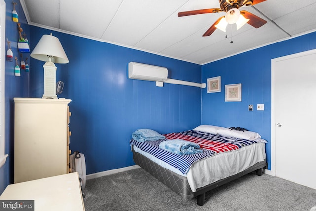 carpeted bedroom featuring an AC wall unit and ceiling fan