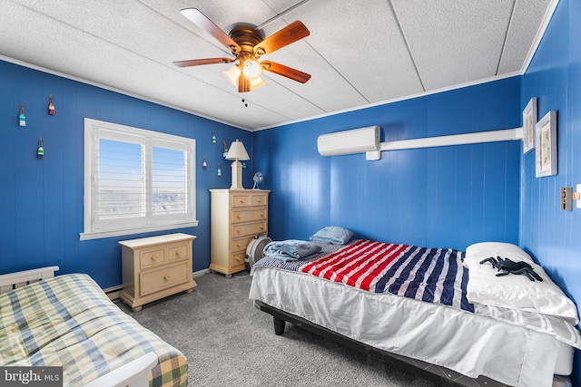 carpeted bedroom featuring a textured ceiling, ceiling fan, and a wall unit AC