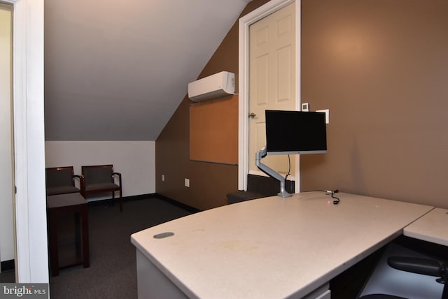 carpeted office space with a wall unit AC and lofted ceiling