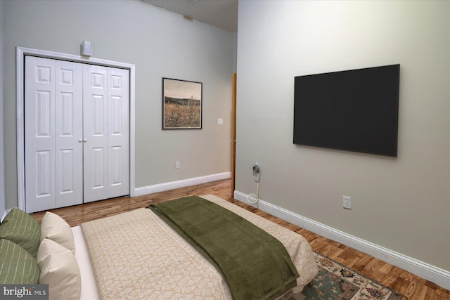 bedroom featuring wood-type flooring and a closet