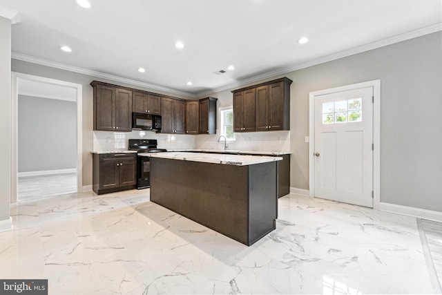 kitchen with black appliances, ornamental molding, dark brown cabinets, and a wealth of natural light