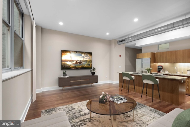 living room with dark wood-type flooring