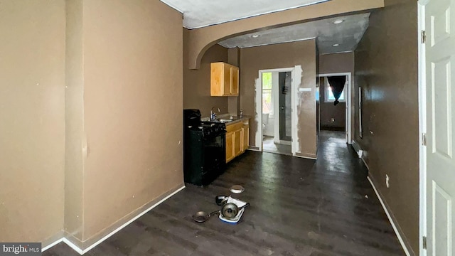 corridor featuring sink and dark wood-type flooring