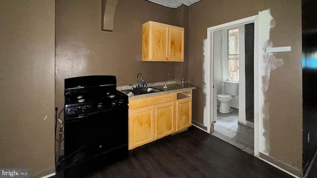 kitchen with black range oven, light brown cabinets, dark wood-type flooring, and sink