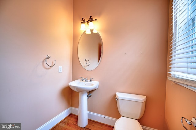 bathroom with hardwood / wood-style floors, toilet, and sink