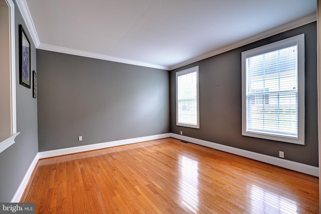 spare room with light hardwood / wood-style floors, ornamental molding, and a wealth of natural light