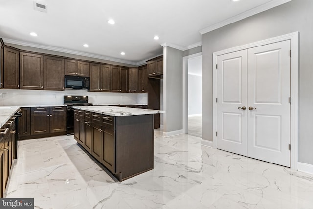 kitchen featuring light stone counters, crown molding, black appliances, a center island, and dark brown cabinetry