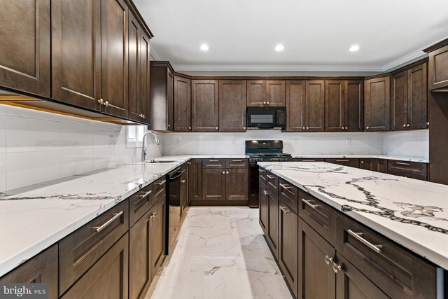 1406 Circle Dr, Forked River, NJ 08731 - kitchen featuring marble finish floor, a sink, black appliances, and dark brown cabinets