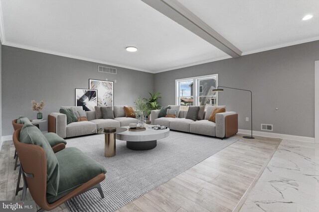 1406 Circle Dr, Forked River, NJ 08731 - living area featuring marble finish floor, baseboards, ornamental molding, and visible vents