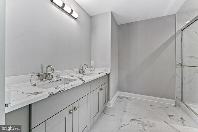 bathroom featuring vanity and a shower with door