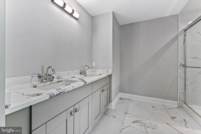 1406 Circle Dr, Forked River, NJ 08731 - bathroom featuring a sink, baseboards, a marble finish shower, and marble finish floor