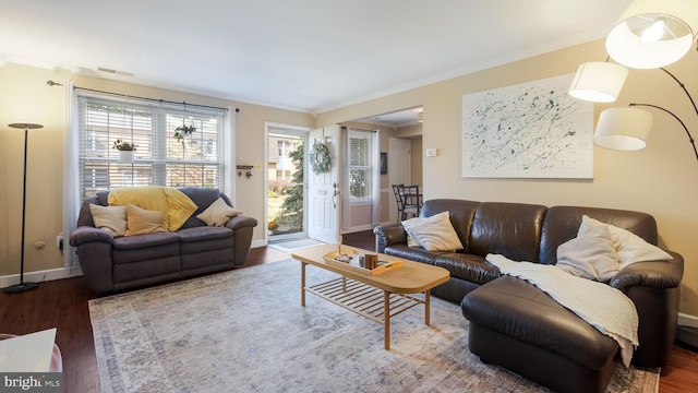 living room with wood-type flooring and crown molding