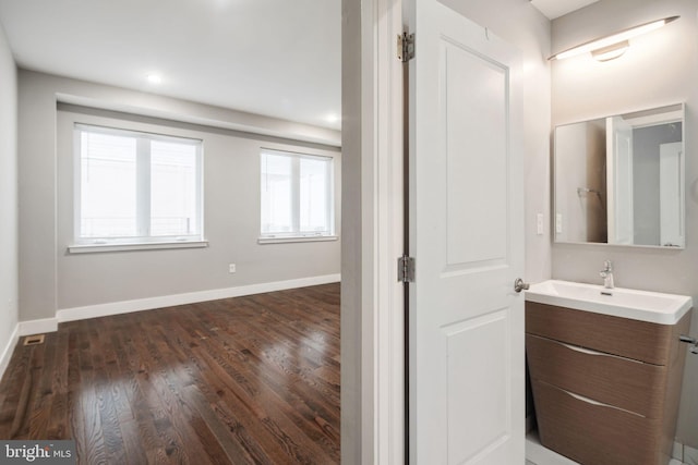 bathroom featuring wood-type flooring and vanity