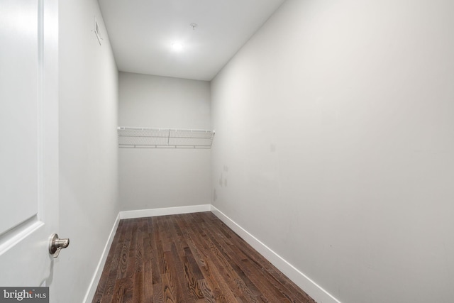 walk in closet with dark wood-type flooring