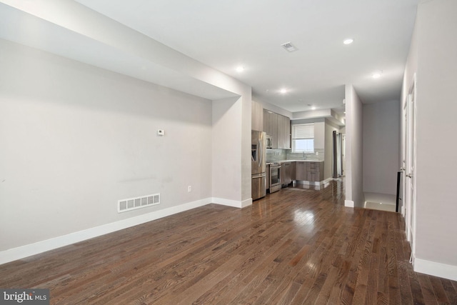 unfurnished living room with sink and dark wood-type flooring