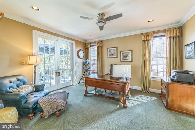 office area with french doors, ceiling fan, ornamental molding, and carpet floors