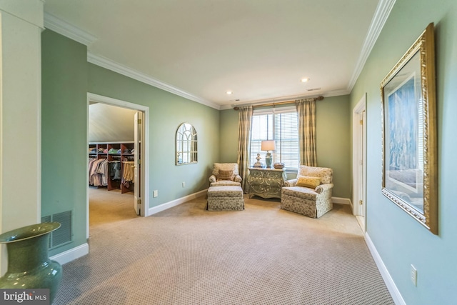 living area featuring light carpet and crown molding