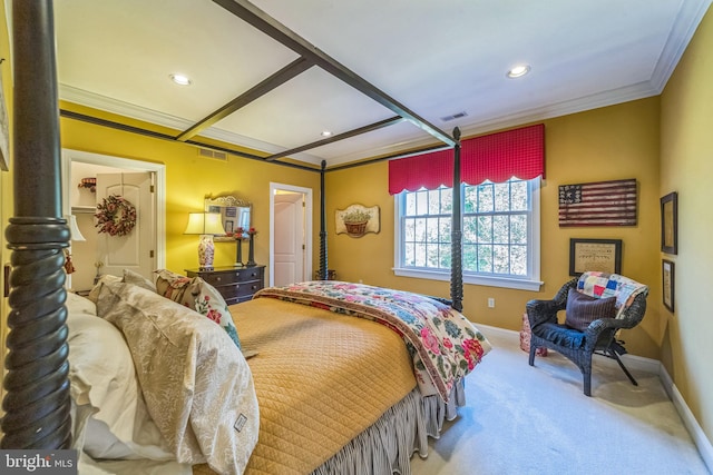 bedroom featuring crown molding and carpet floors