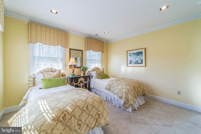 carpeted bedroom with crown molding