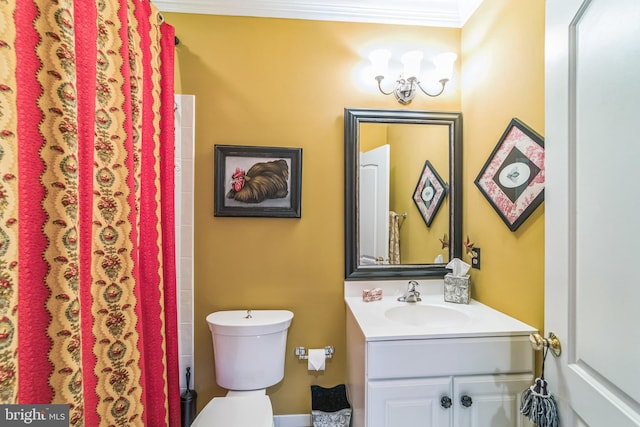 bathroom featuring vanity, ornamental molding, curtained shower, and toilet