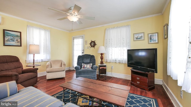 living room featuring ornamental molding, ceiling fan, and dark hardwood / wood-style floors