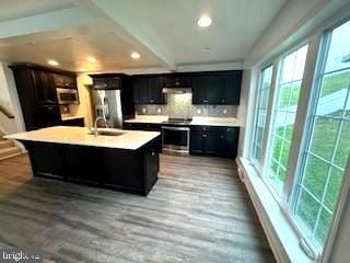 kitchen with stainless steel appliances, backsplash, a center island with sink, and light wood-type flooring