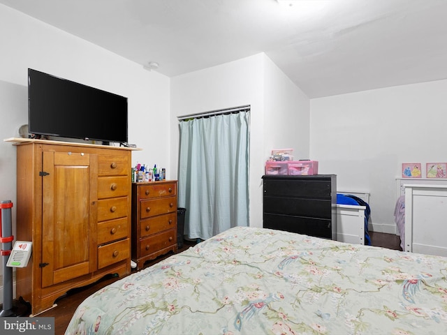 bedroom with dark hardwood / wood-style floors