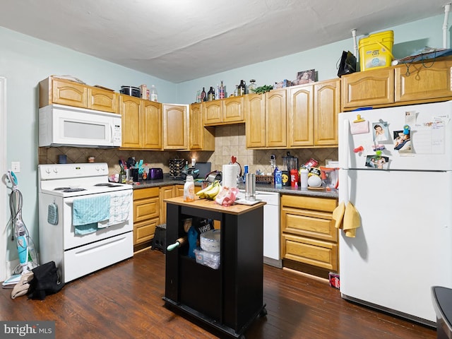 kitchen with dark wood-type flooring, decorative backsplash, and white appliances