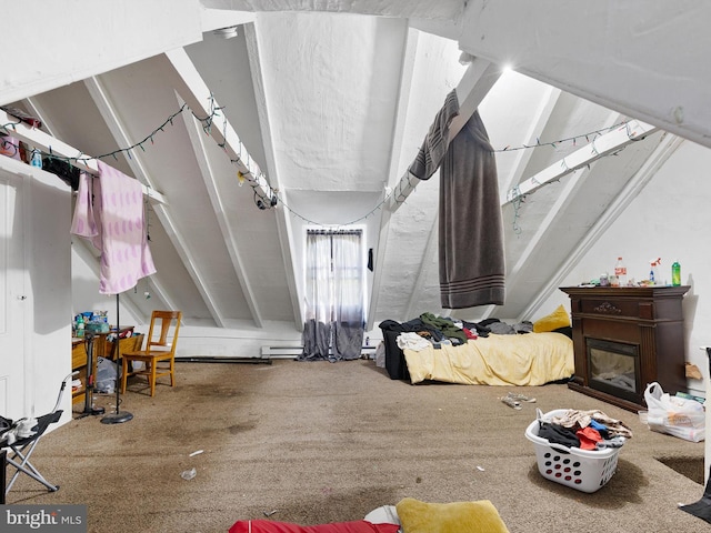 interior space with lofted ceiling and carpet floors