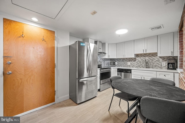 kitchen with sink, white cabinets, wall chimney exhaust hood, stainless steel appliances, and backsplash